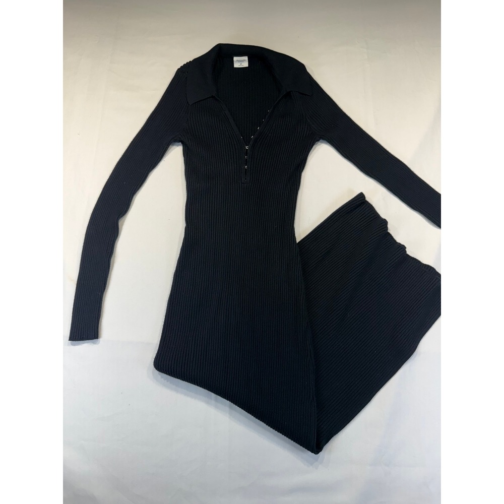 Abercrombie & Fitch Black Ribbed Long Sleeve Maxi Dress Collared Hook Eye M Tall